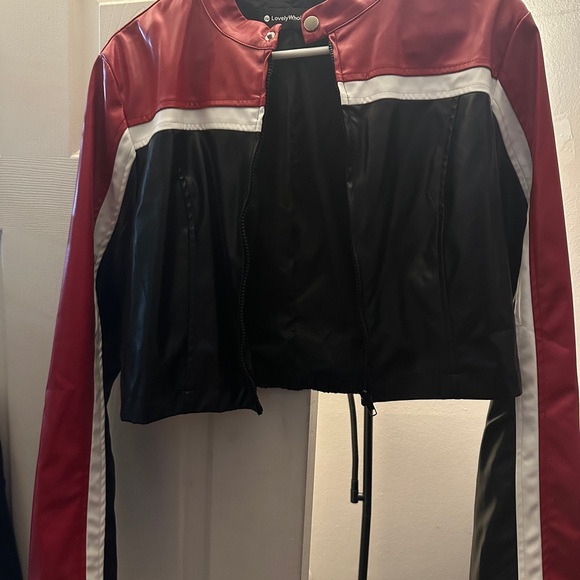 Red and Black Leather Jacket with High Collar and Zipper - Picture 1 of 1